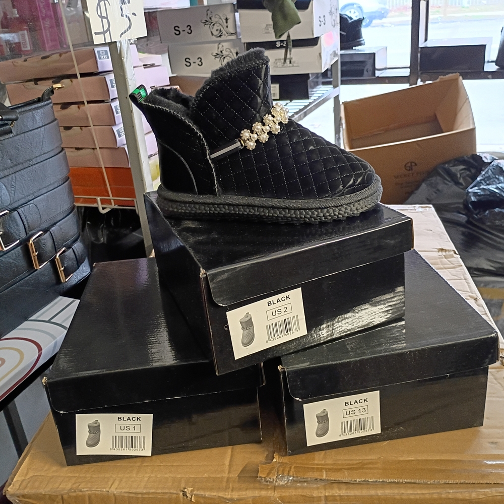Kids Quilted Black Faux-Fur Cozy Boots with Decorative Accent